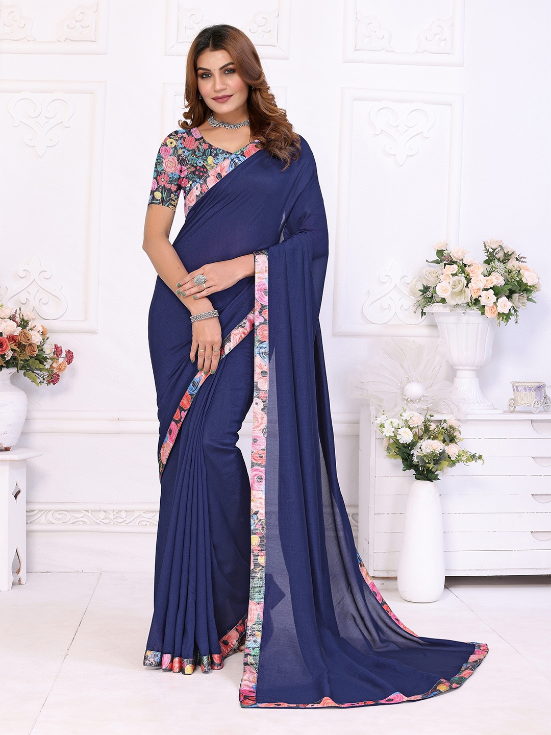 

MAGMINA Satin Arani Saree, Navy blue