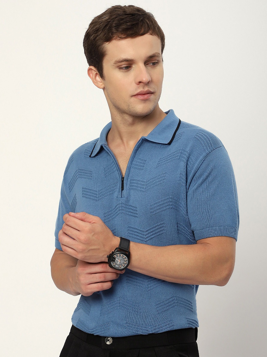 

Beyoung Men Polo Collar Raw Edge T-shirt, Blue
