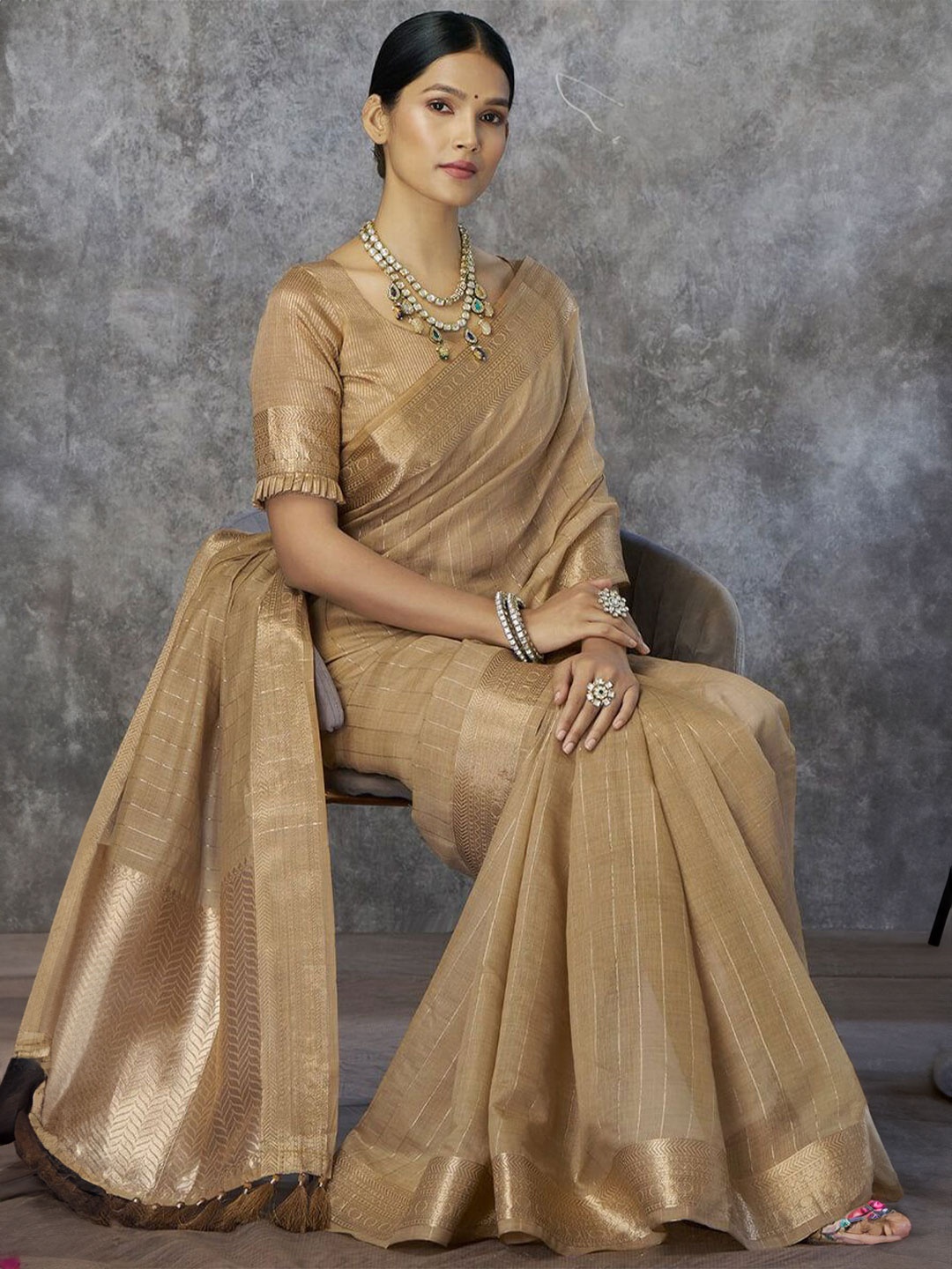 

Mitera Zari Pure Cotton Chanderi Saree, Cream