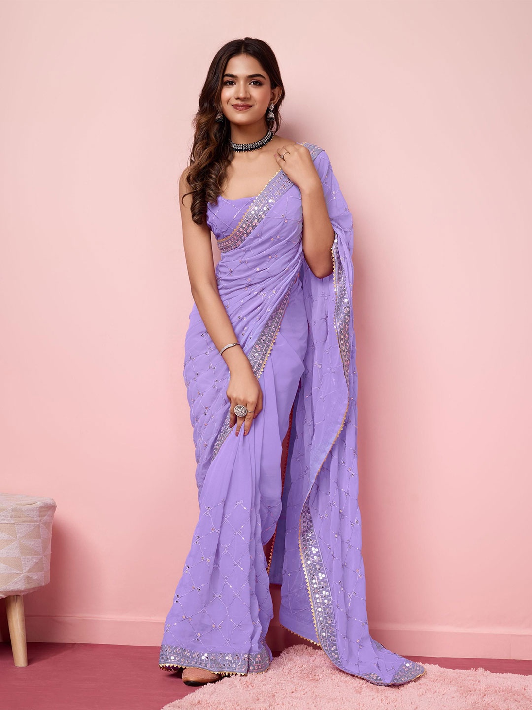 

HERE&NOW Sequinned Embroidered Saree, Lavender