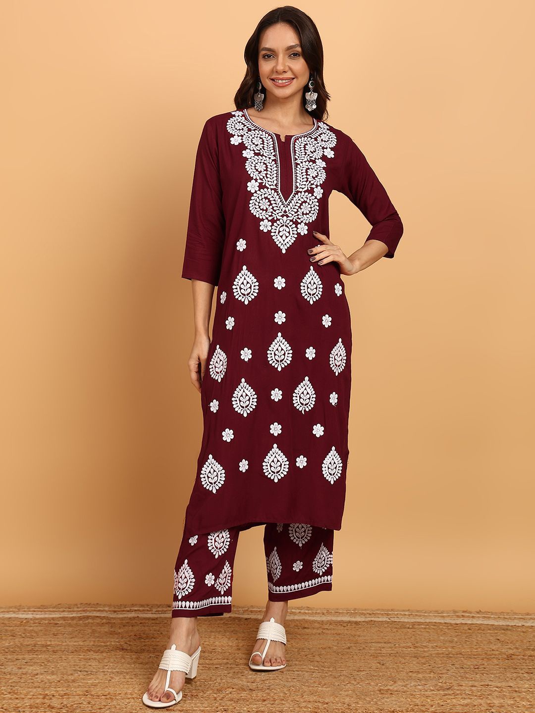 

TOP N THREAD Women Ethnic Motifs Embroidered Regular Chikankari Kurta with Palazzos, Maroon