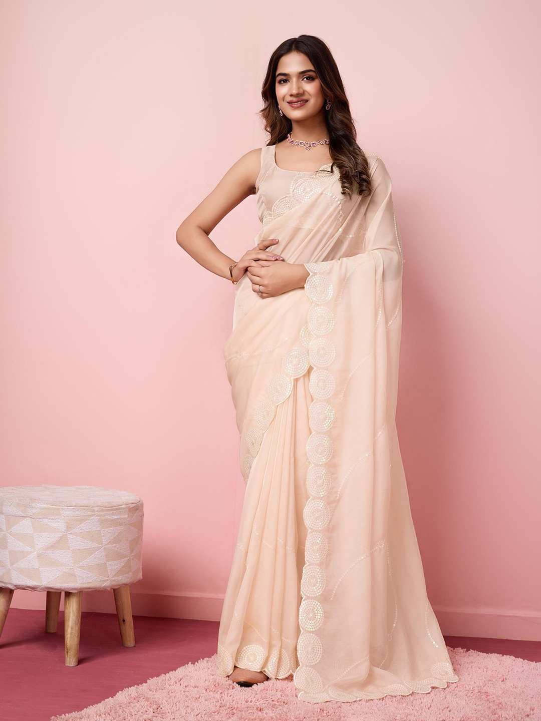 

HERE&NOW Ethnic Motifs Sequinned Organza Saree, Cream