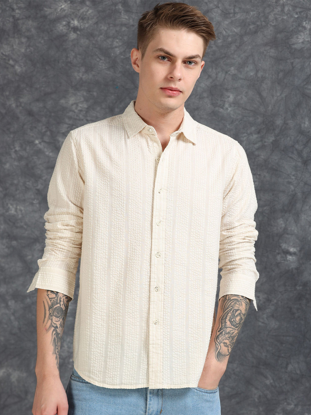 

StitchX Men Full Sleeve Textured Spread Collar Casual Shirt, Cream