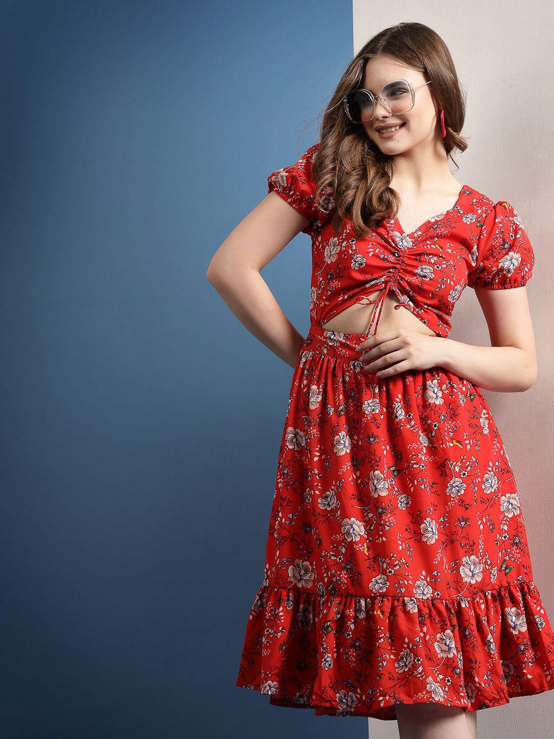 

BEING NAUGHTY Floral Printed Puff Sleeve Fit & Flare Dress, Red