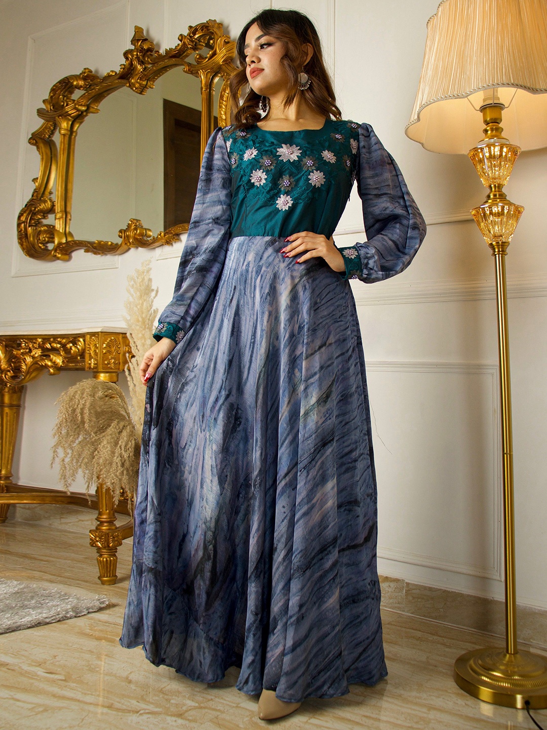 

KALINI Embroidered Chiffon Fit & Flare Midi Dress, Blue
