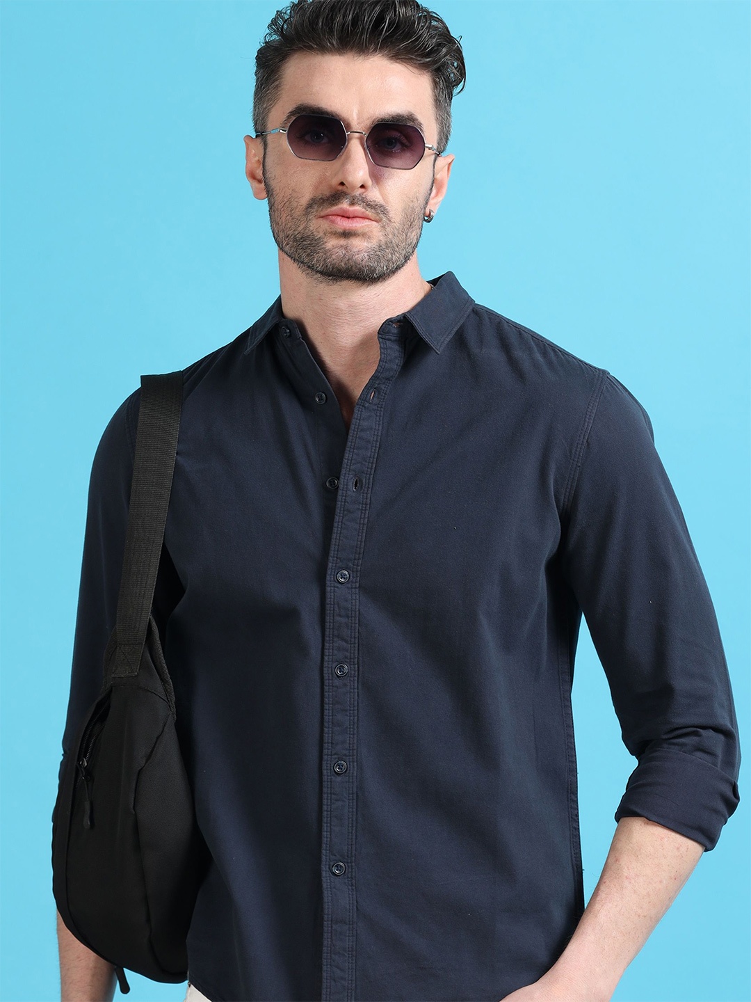 

StitchX Men Full Sleeve Core Essentials Over-Dyed Spread Cotton Collar Shirt, Blue