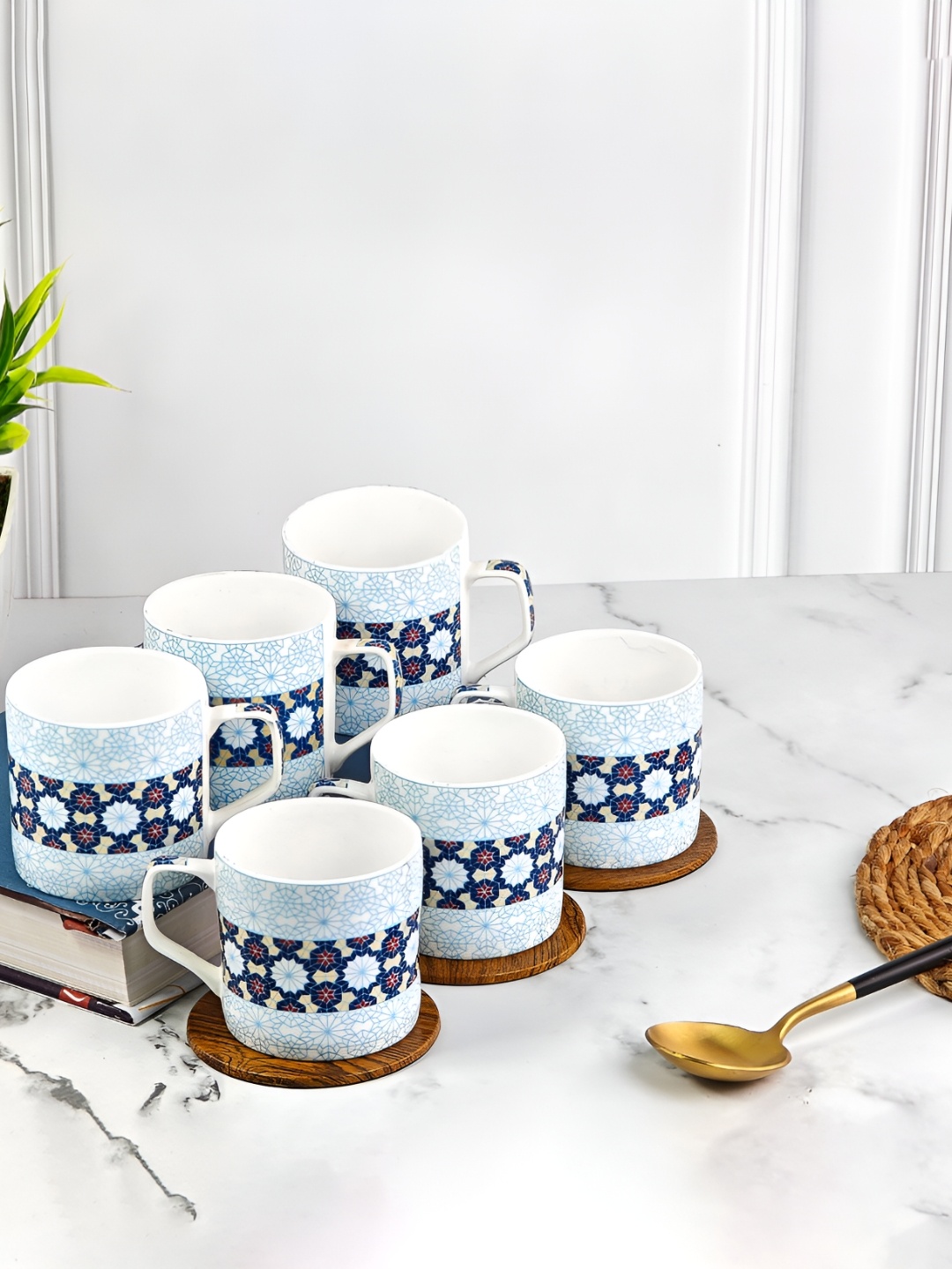 

UPC Set of 6 Printed Premium Lightweight Fine Bone China Ceramic Tea/Coffee Cups, White