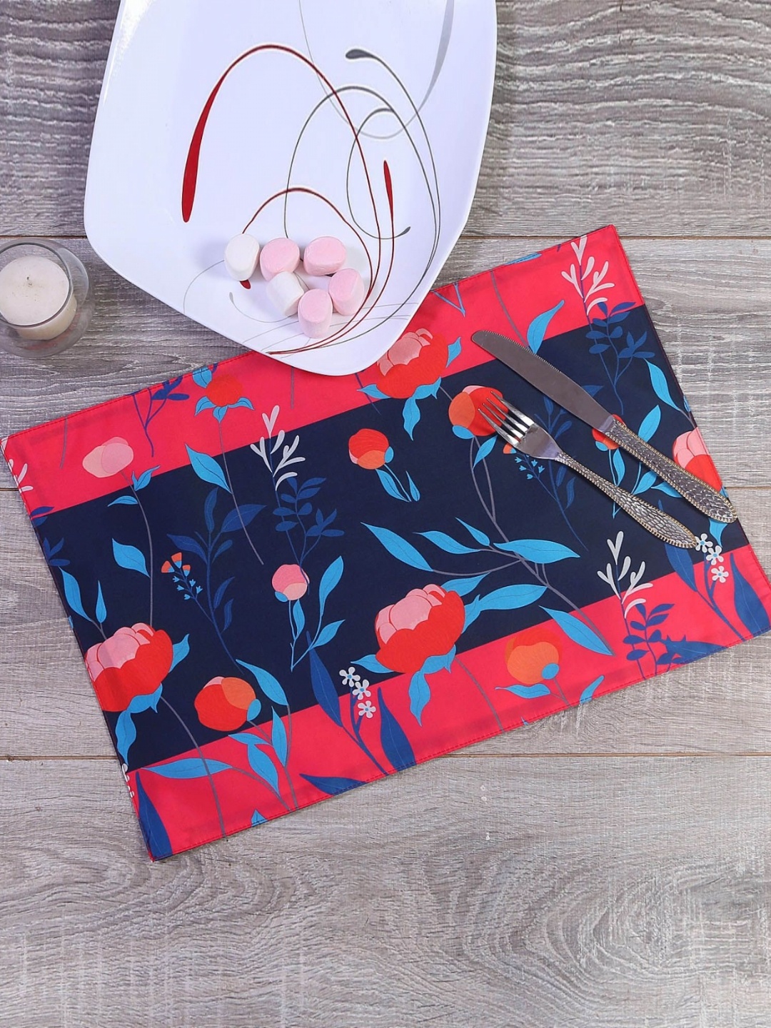 

PENTADECO 6Pcs Navy Blue & Coral Floral Printed Table Placemats