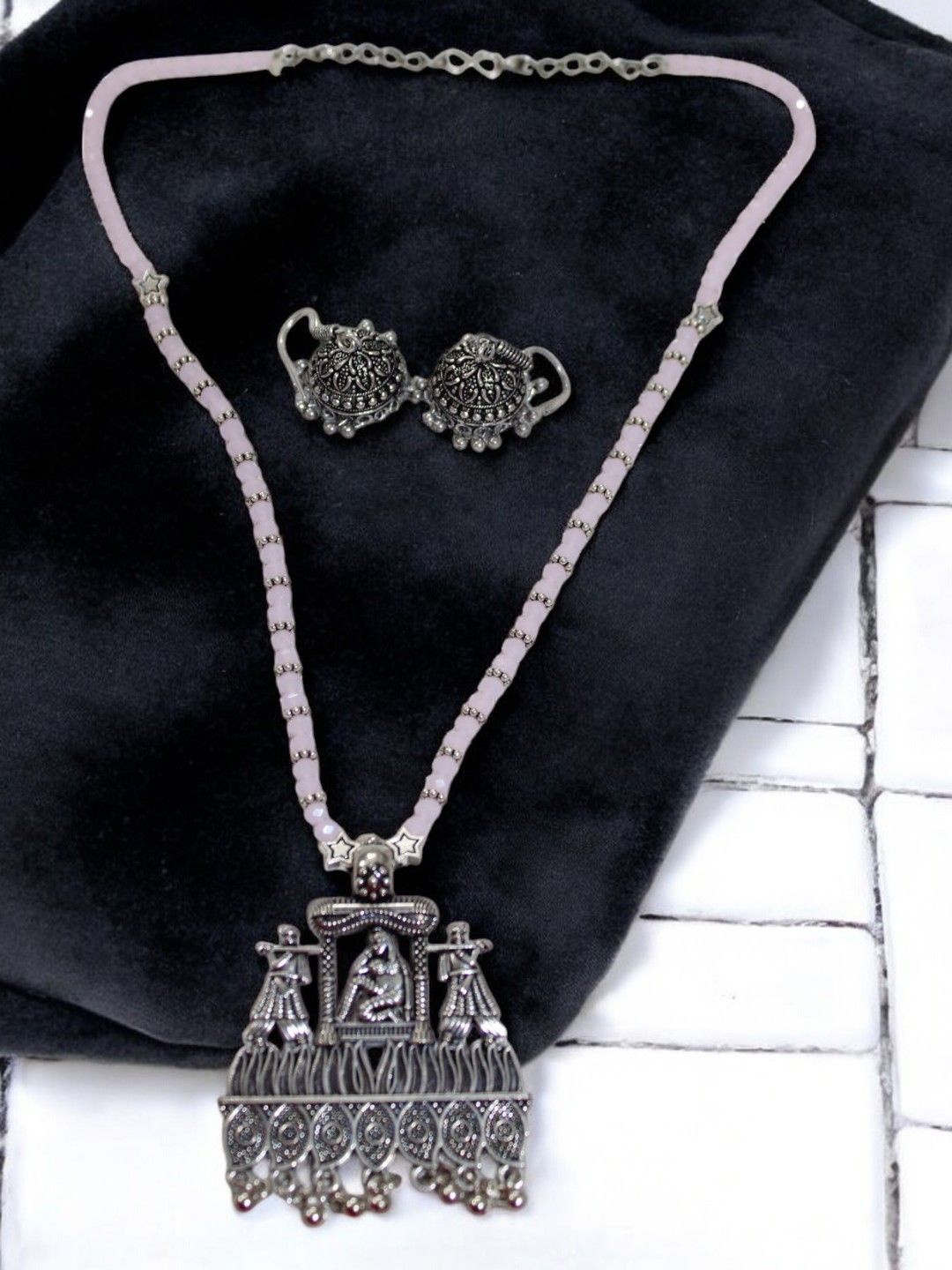 

Jolly Faces Oxidised Beaded-Studded Jewellery Set, Silver