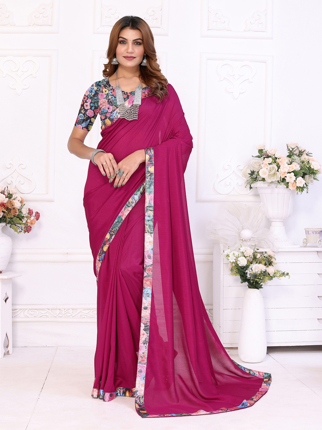 

MAGMINA Satin Saree, Pink