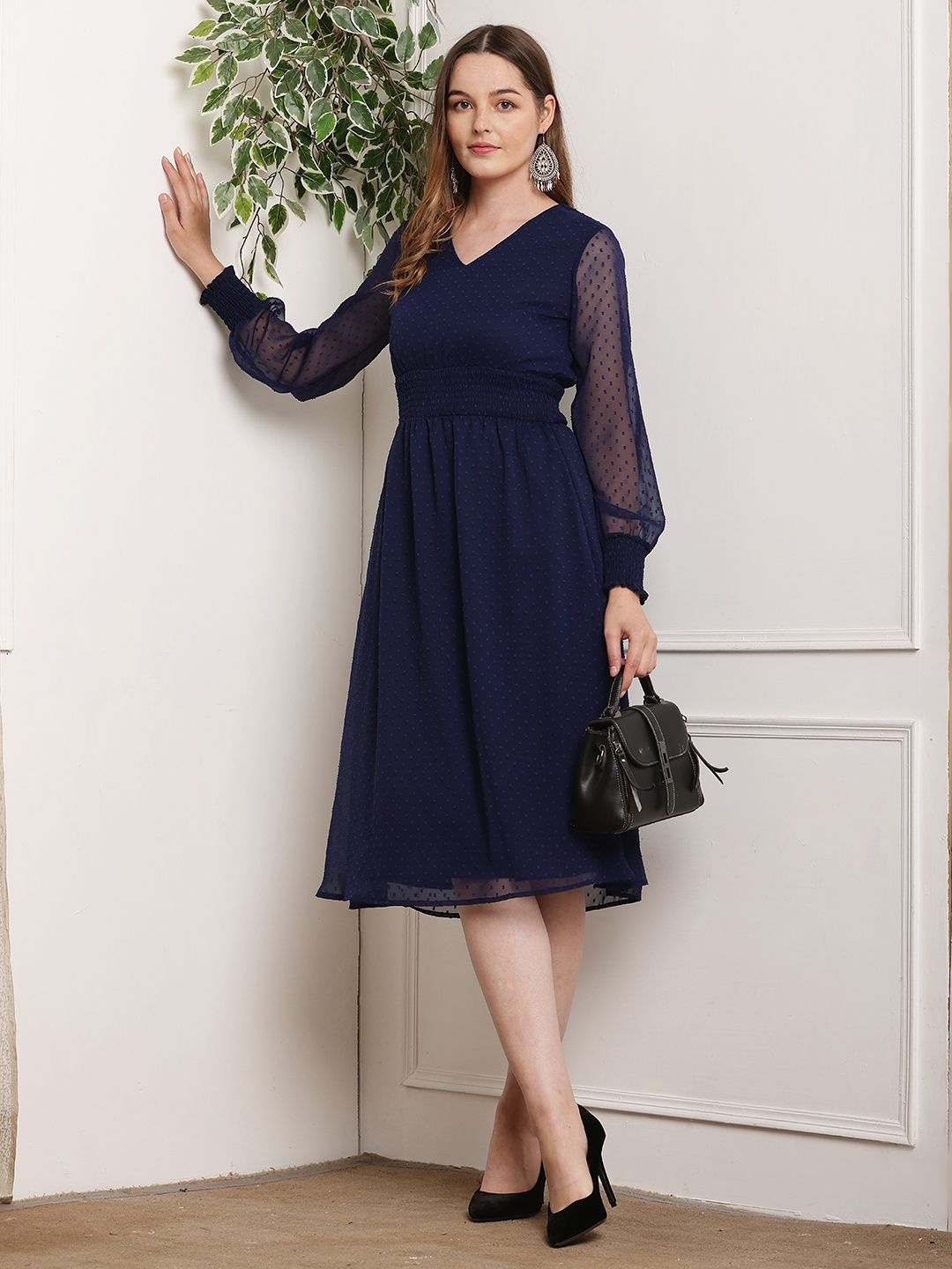 

Tushita Women Self Design Fit & Flare Knee Length Dress, Navy blue