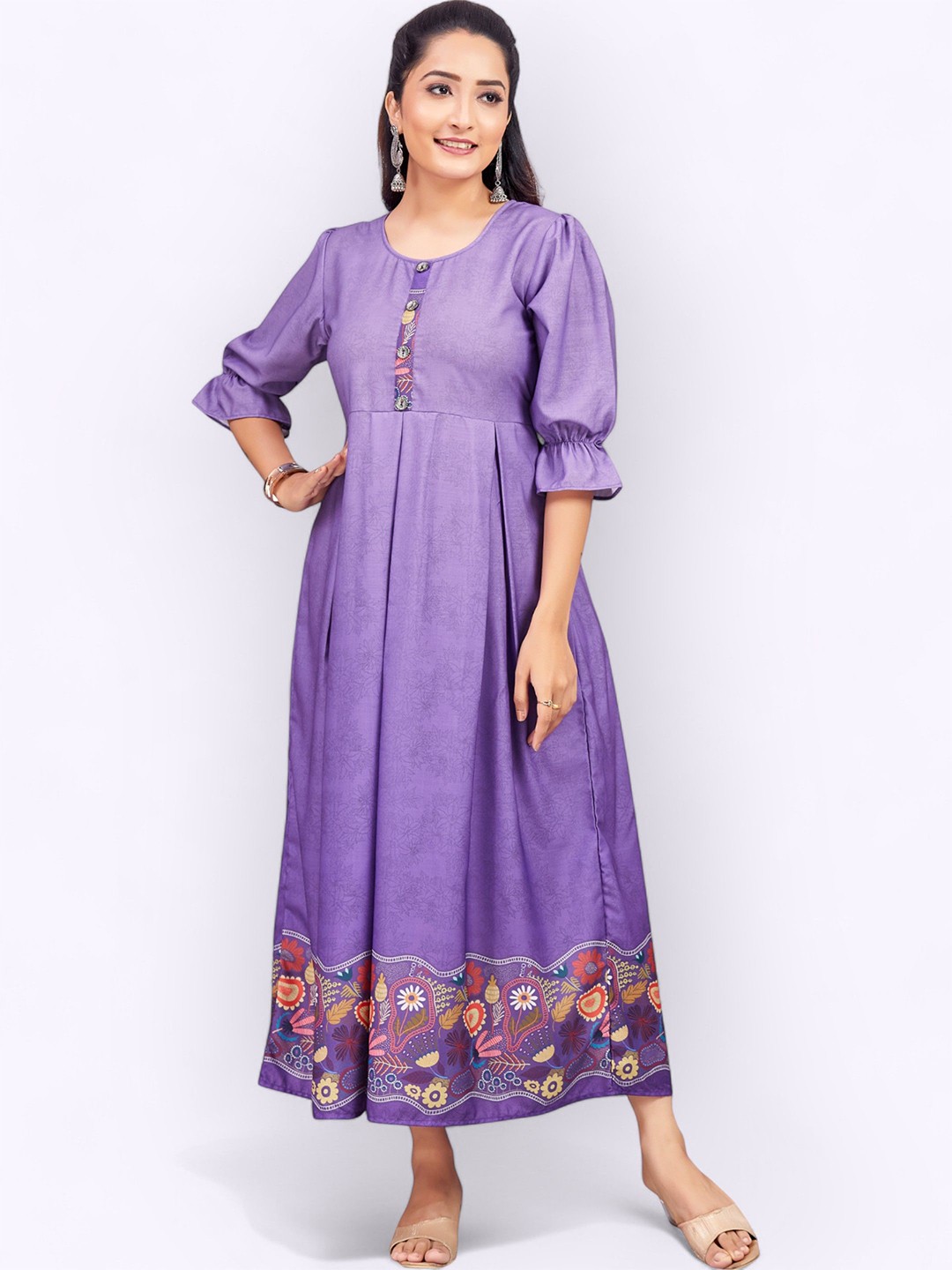 

PAMPER YOURSELF Ethnic Motifs Printed Fit & Flare Maxi Dress, Purple
