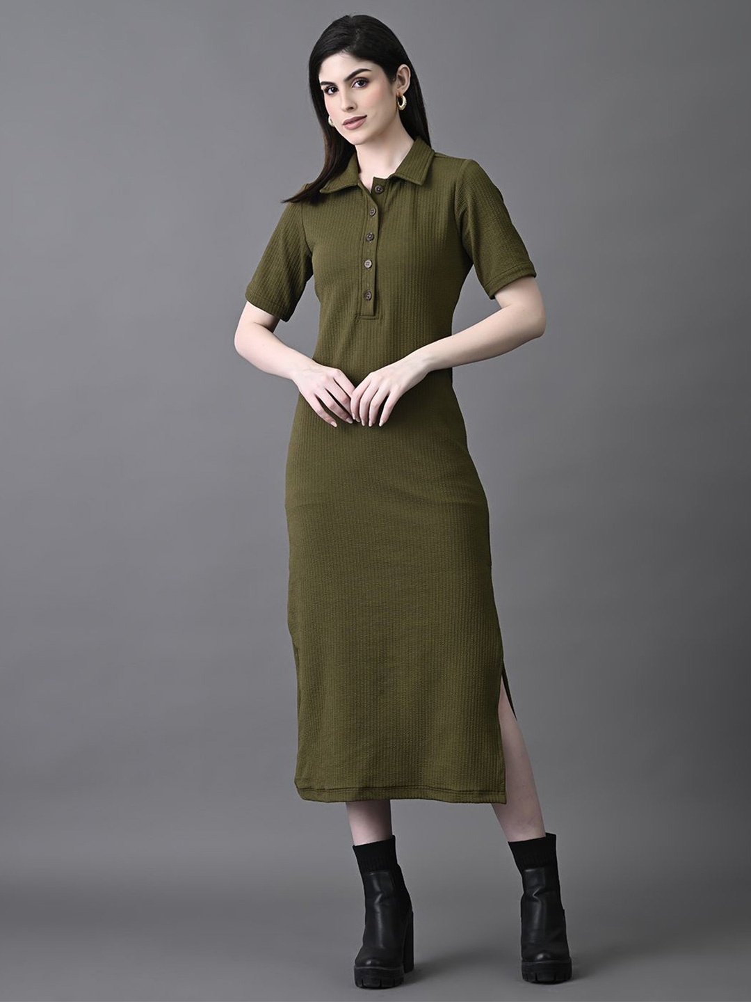 

The Roadster Lifestyle Co Shirt Collar Jumper Dress Midi Dress, Olive