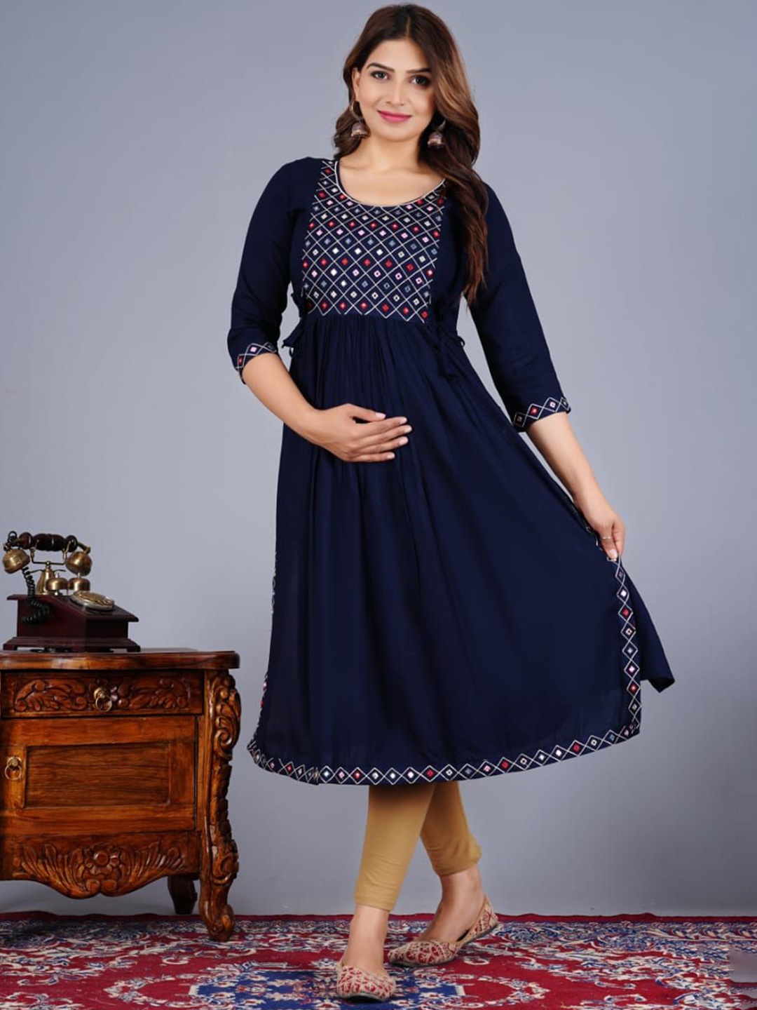 

KIAARON Women Ethnic Motifs Embroidered Mirror Work Maternity Kurta, Blue