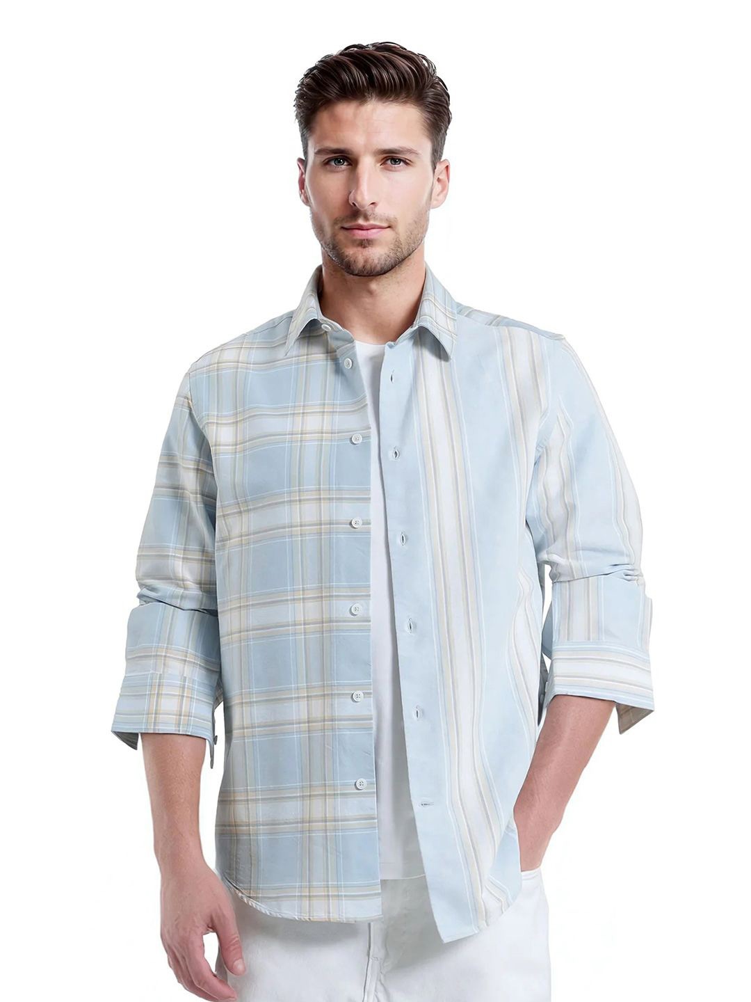 

RARE RABBIT Men Comfort Spread Collar Tartan Checked Cotton Casual Shirt, Blue