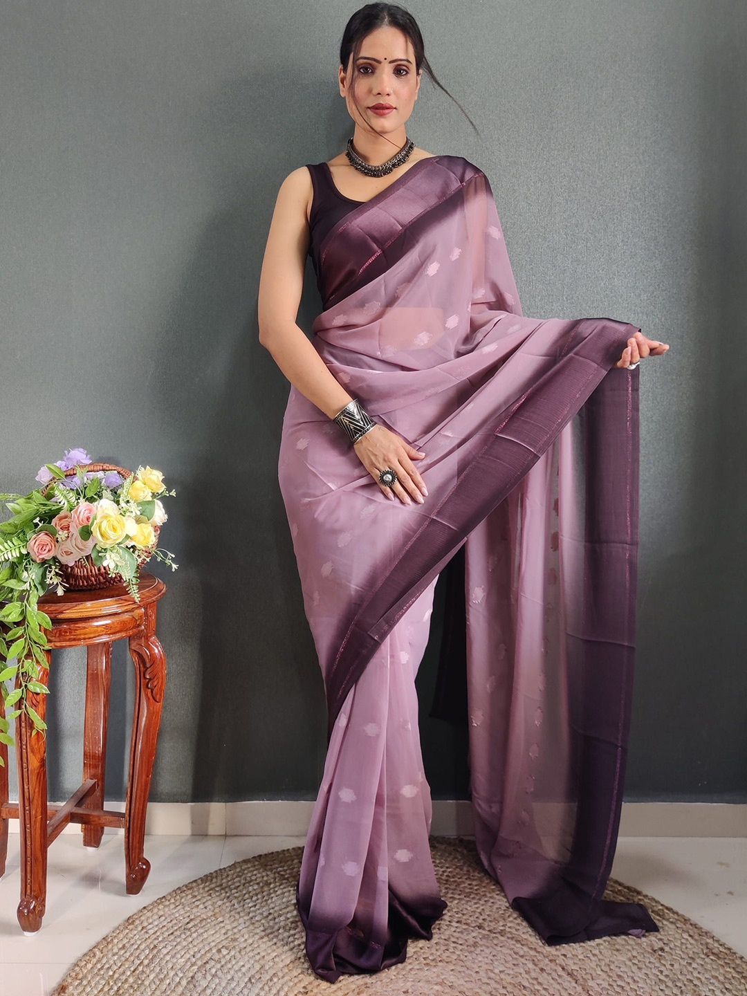 

KAYOMMI Woven Design Zari Satin Ready to Wear Saree, Purple