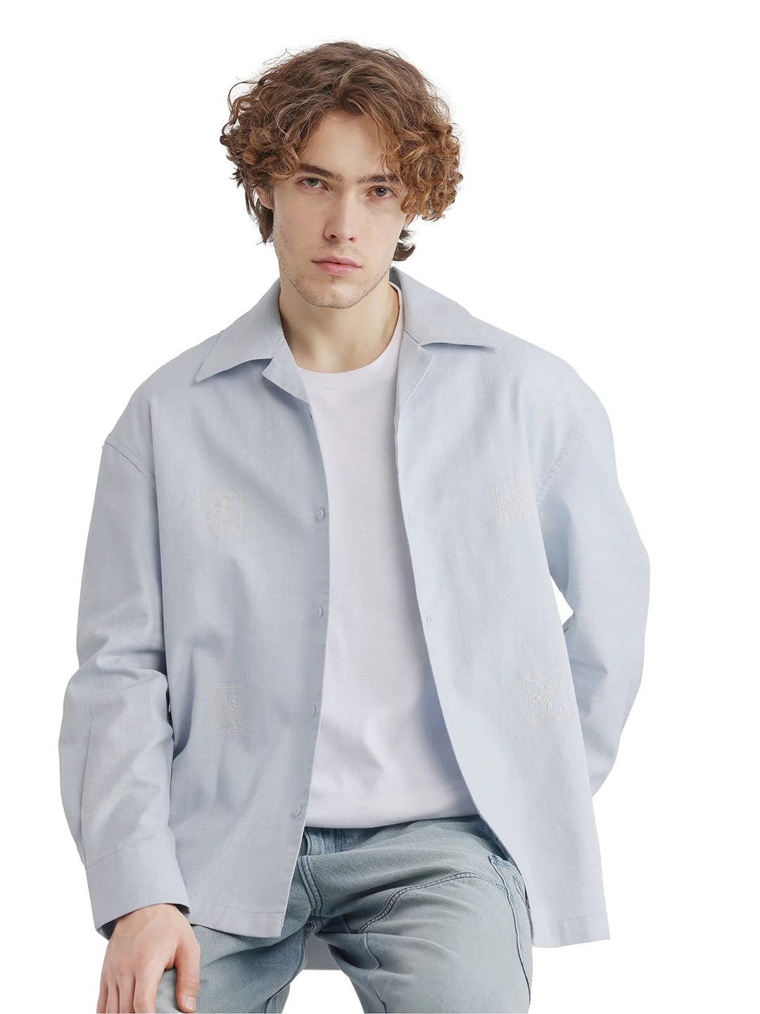 

RARE RABBIT Men Comfort Cuban Collar Textured Solid Cotton Boxy Casual Shirt, Blue