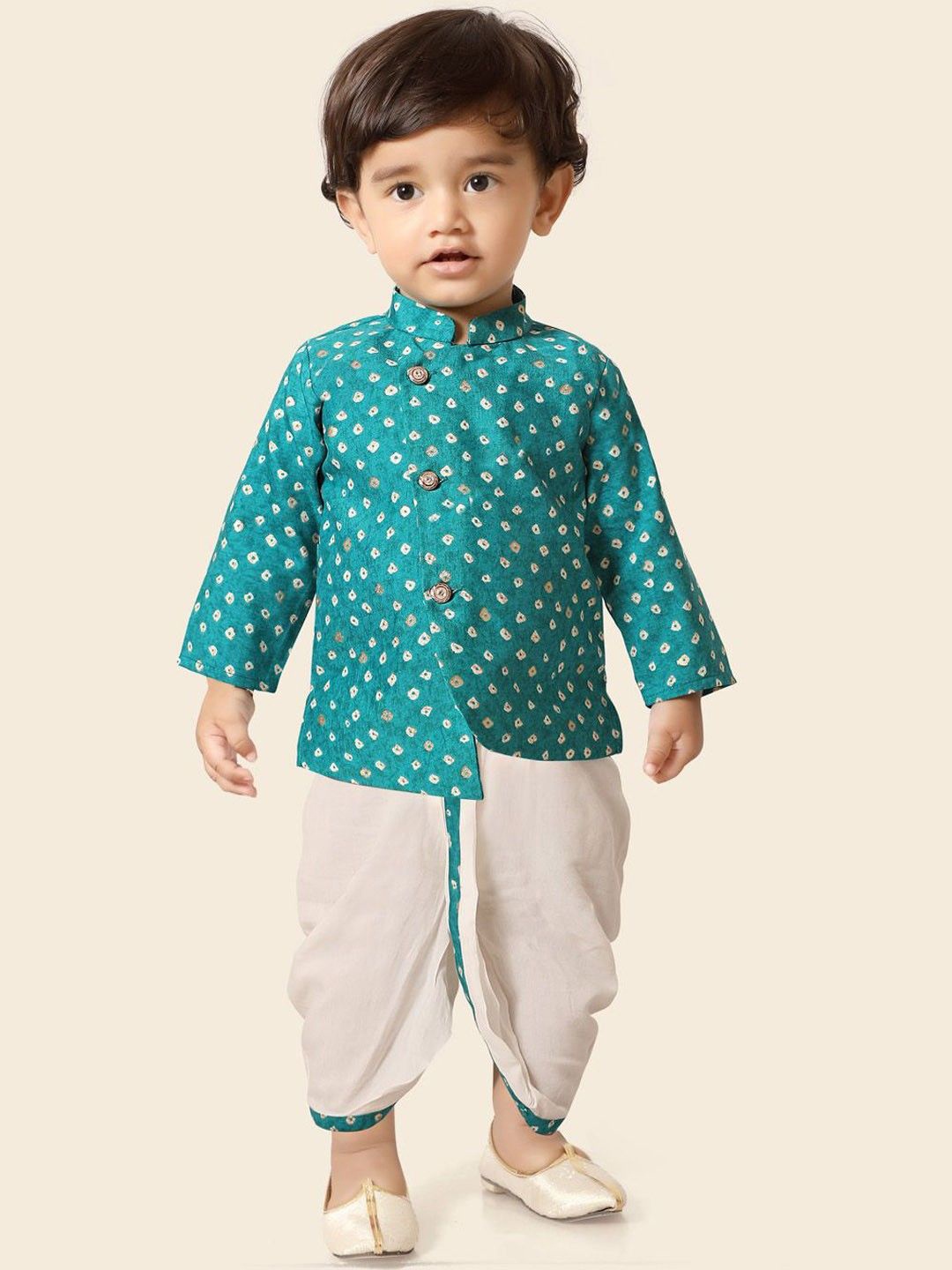 

Ethniks Neu-Ron Boys Bandhani Printed Regular Pure Cotton Kurta with Dhoti Pants, Green