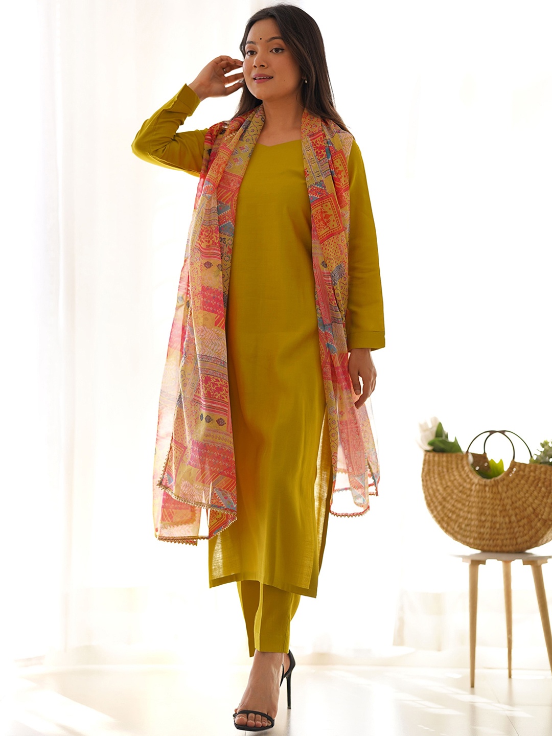 

Tanhai Women Regular Kurta with Trousers & With Dupatta, Mustard