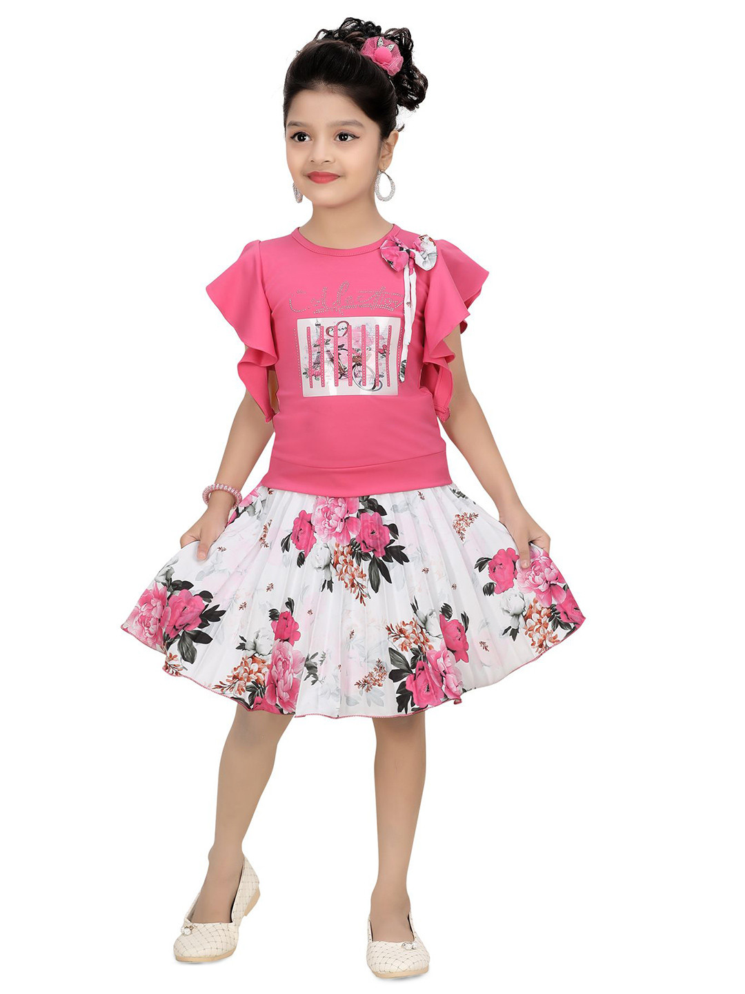 

Arshia Fashions Girls Printed Top with Skirt, Pink