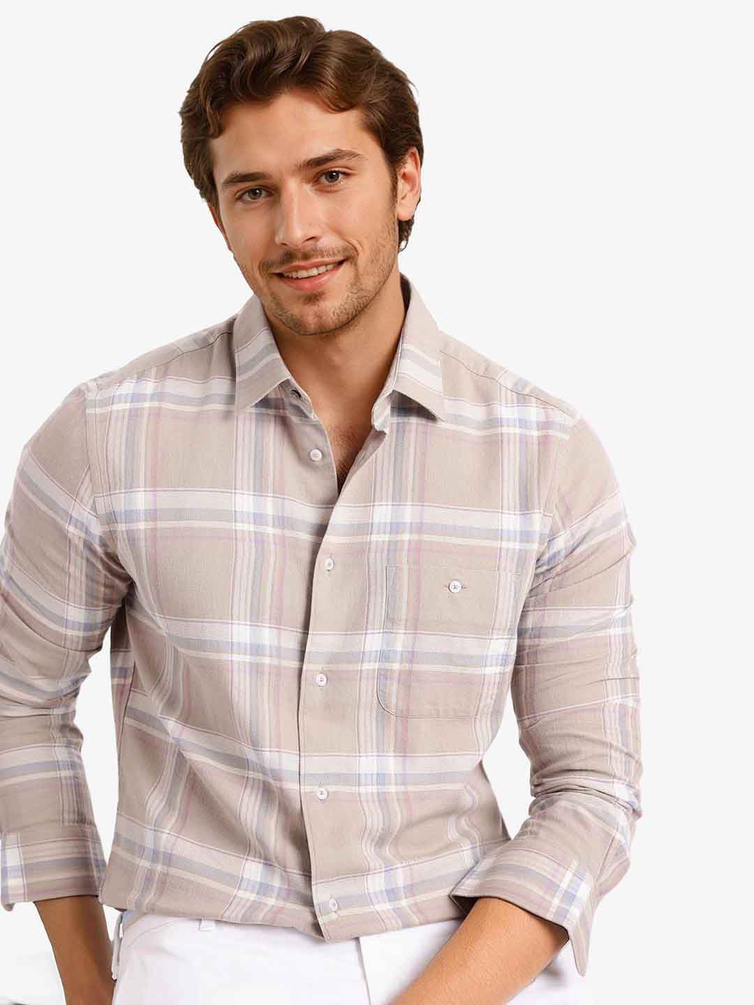 

RARE RABBIT DAVI Men Comfort Spread Collar Checked Cotton Casual Shirt, Beige