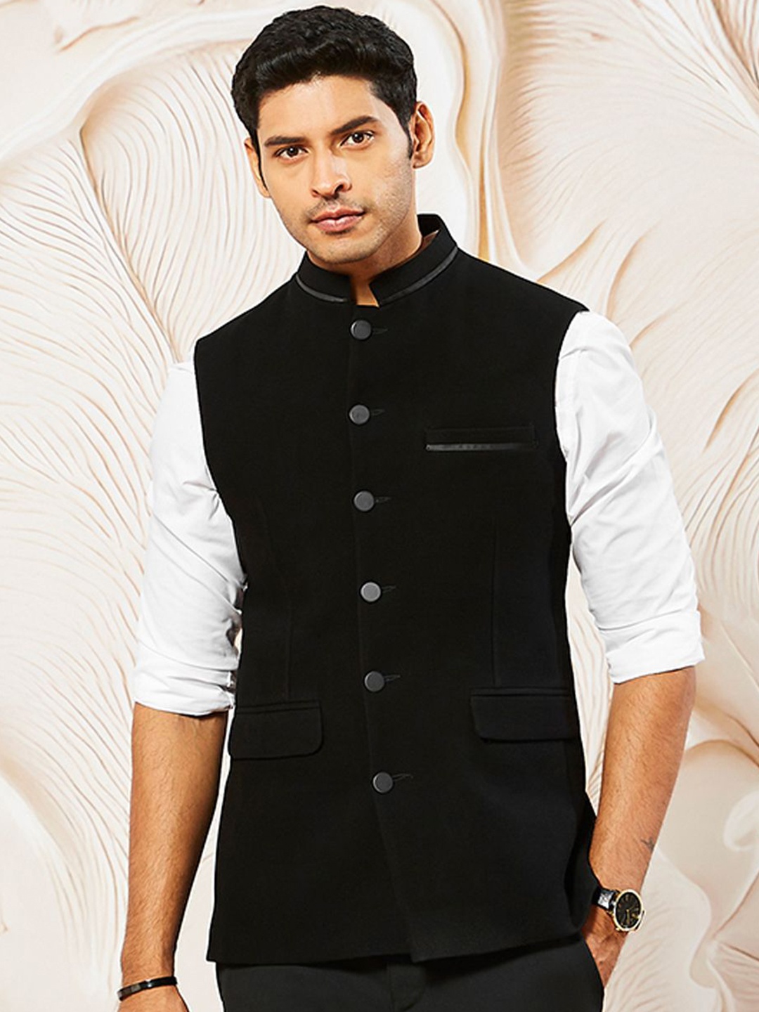

VASTRAMAY Woven Design Nehru Jacket, Black