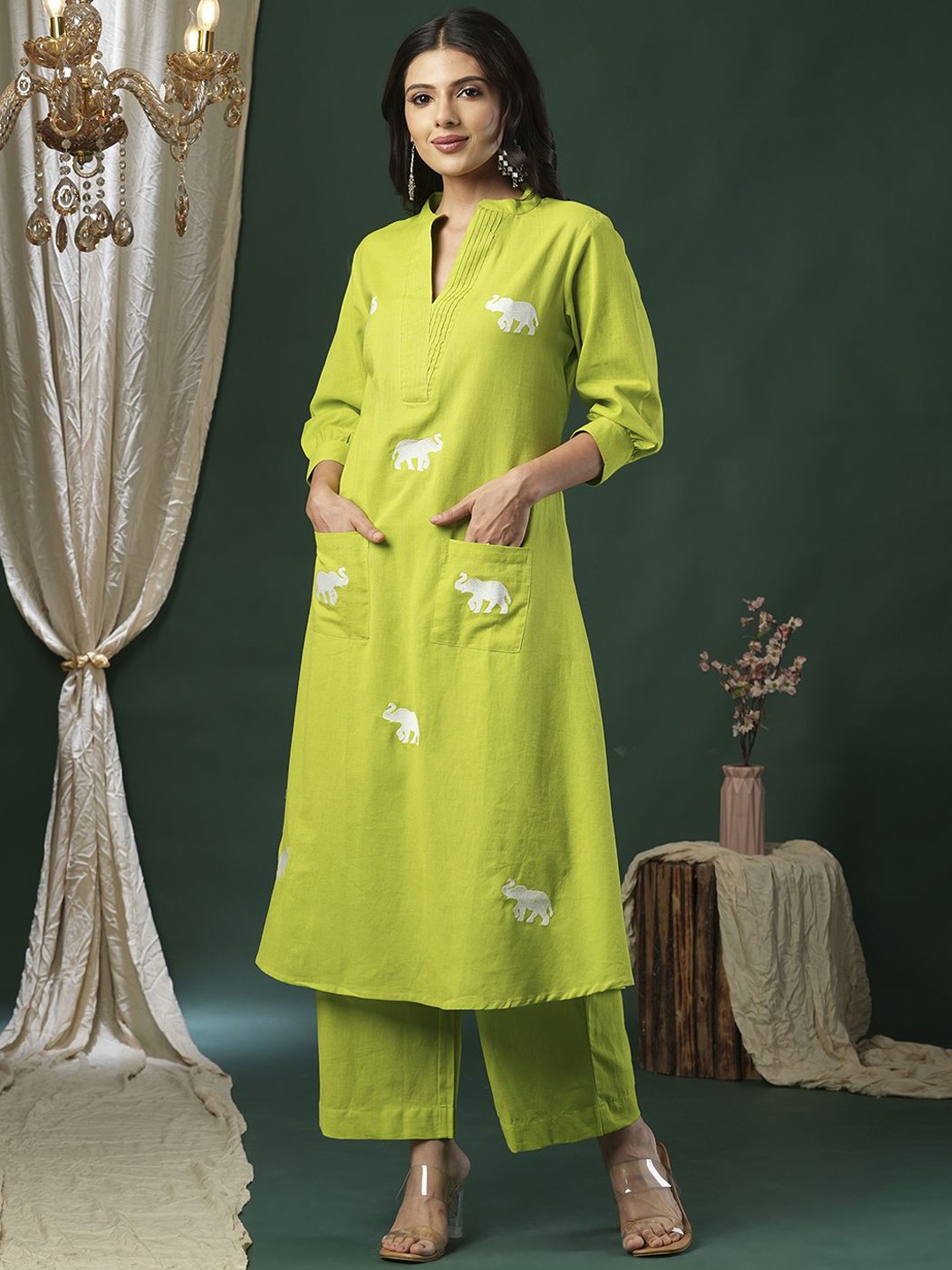 

KALINI Animal Embroidered Thread Work Pure Cotton A-Line Kurta with Palazzos, Lime green