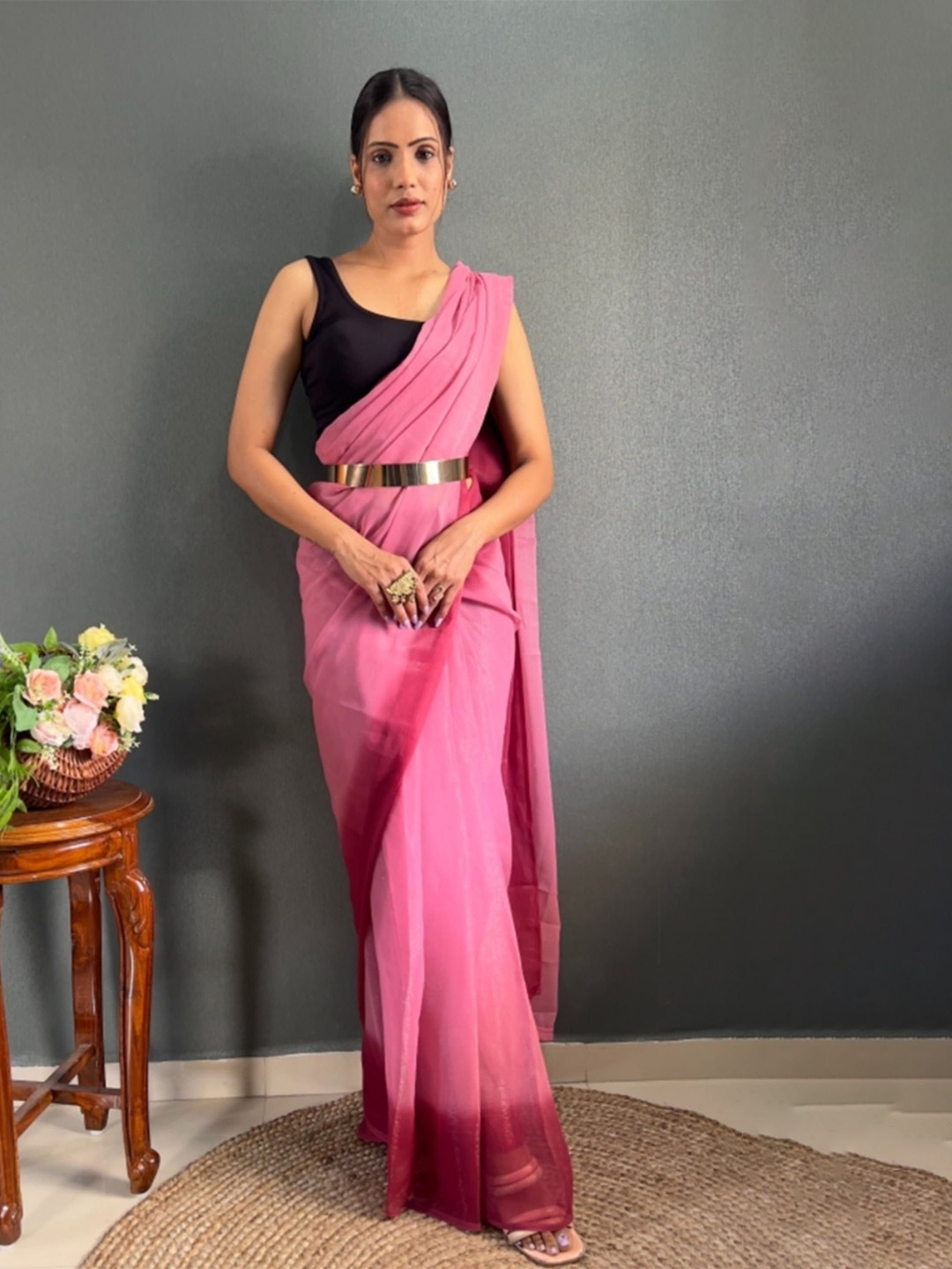 

KAYOMMI Ombre Pure Crepe Ready to Wear Saree, Pink