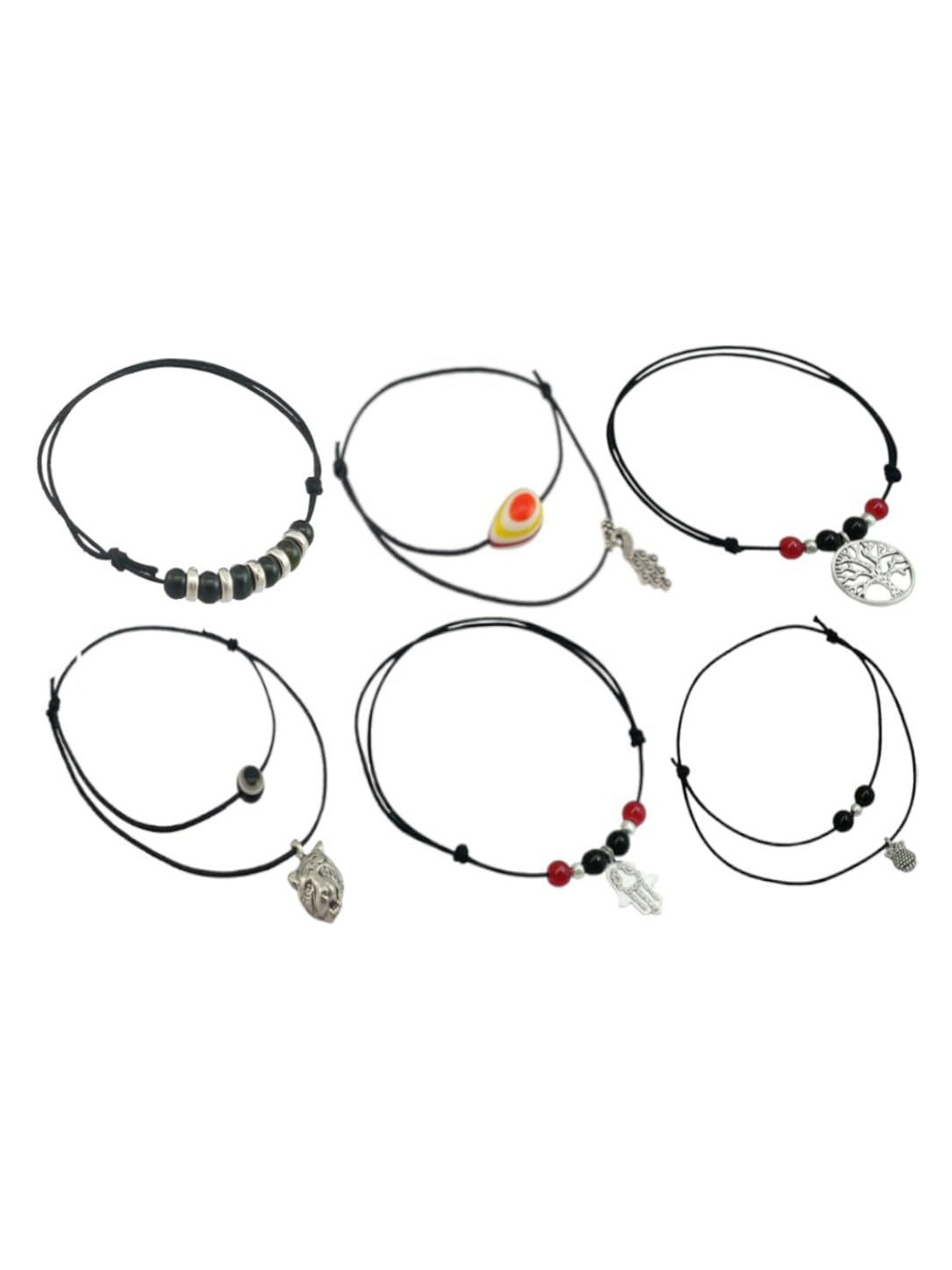 

High Trendz Pack of 6 Black Thread Adjustable Knot Anklet with Oxidised Beads