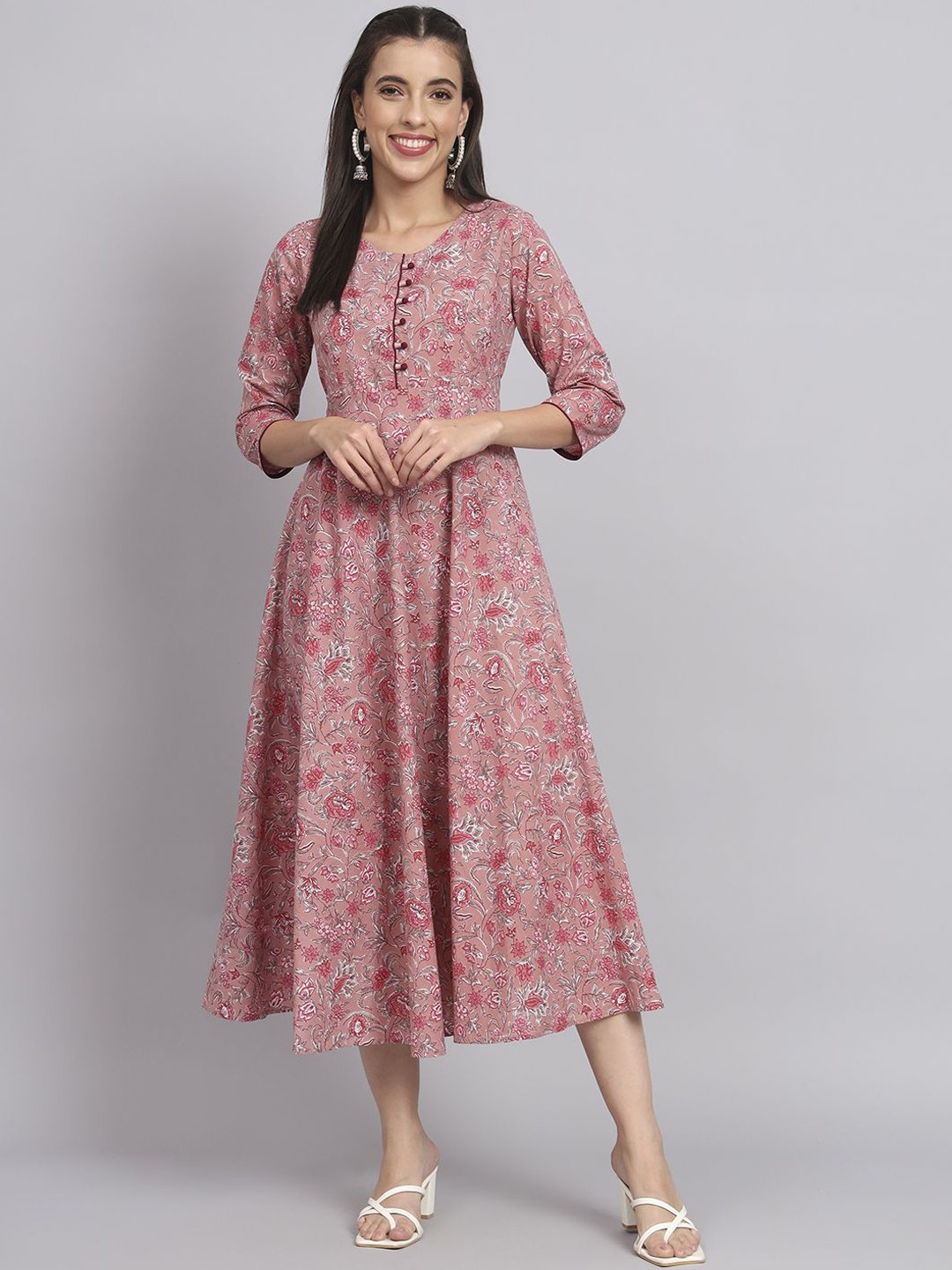 

HERE&NOW Pink Round Neck Floral Printed Fit and Flare Cotton Ethnic Dress