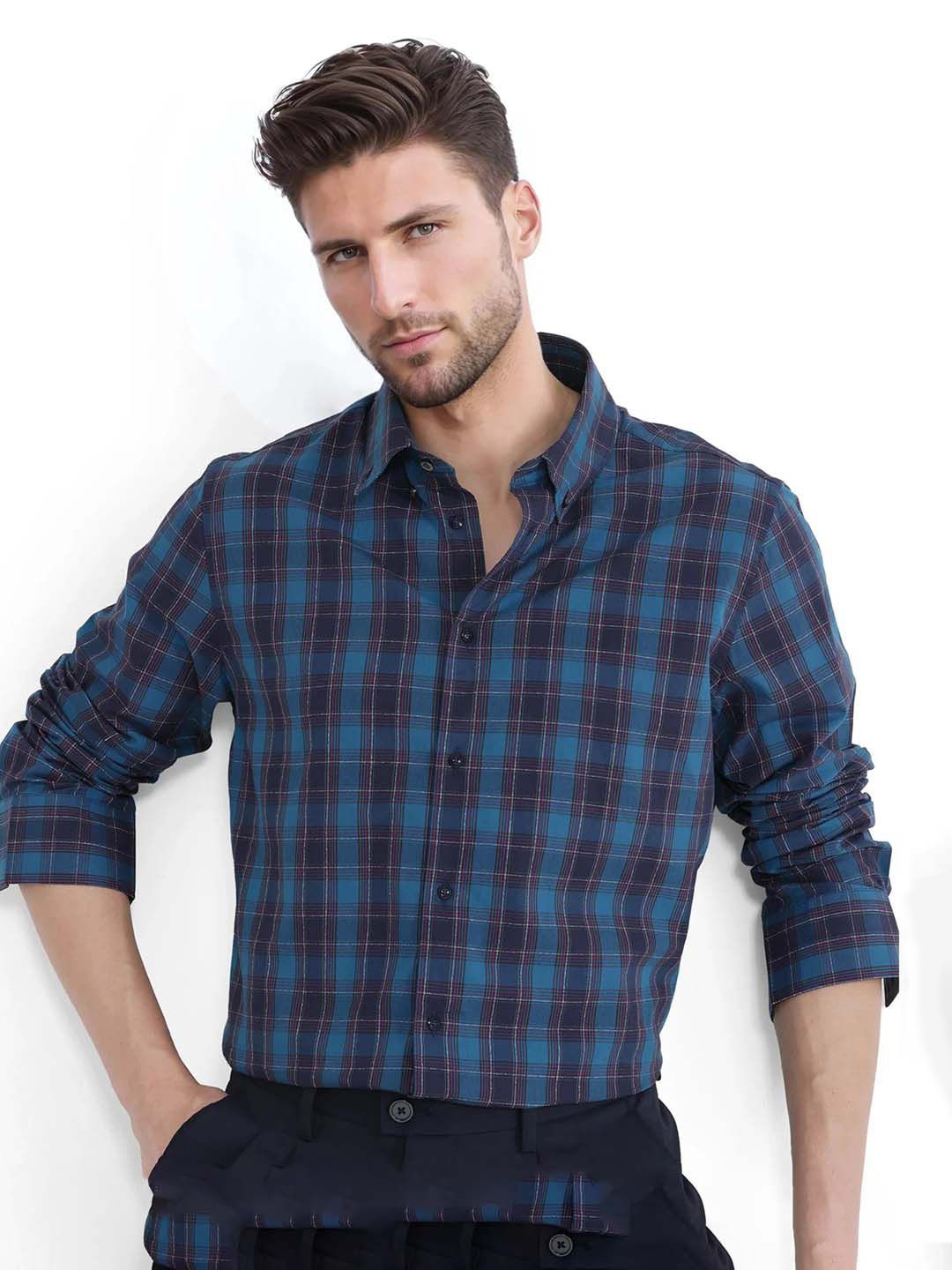 

RARE RABBIT Men Comfort Button-Down Collar Tartan Checked Cotton Casual Shirt, Blue