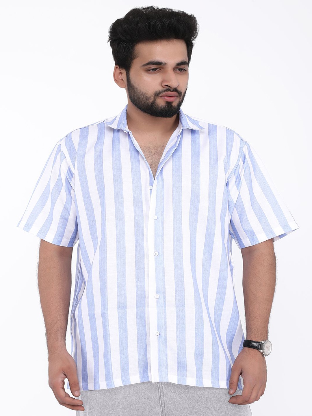 

BOWLIFESTYLE Men Classic Spread Collar Vertical Striped Cotton Casual Shirt, Blue