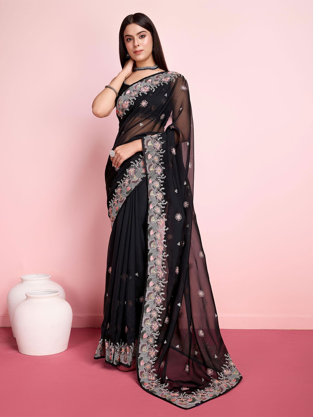 

HERE&NOW Floral Embroidered Organza Saree, Black
