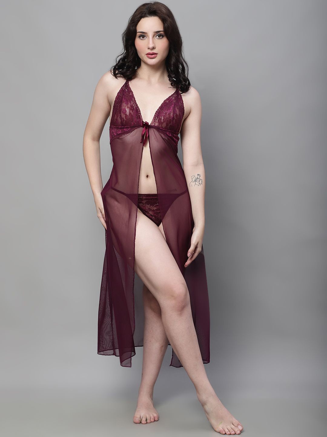 

new blue eyes Women Sheer Shoulder Straps Baby Doll, Maroon