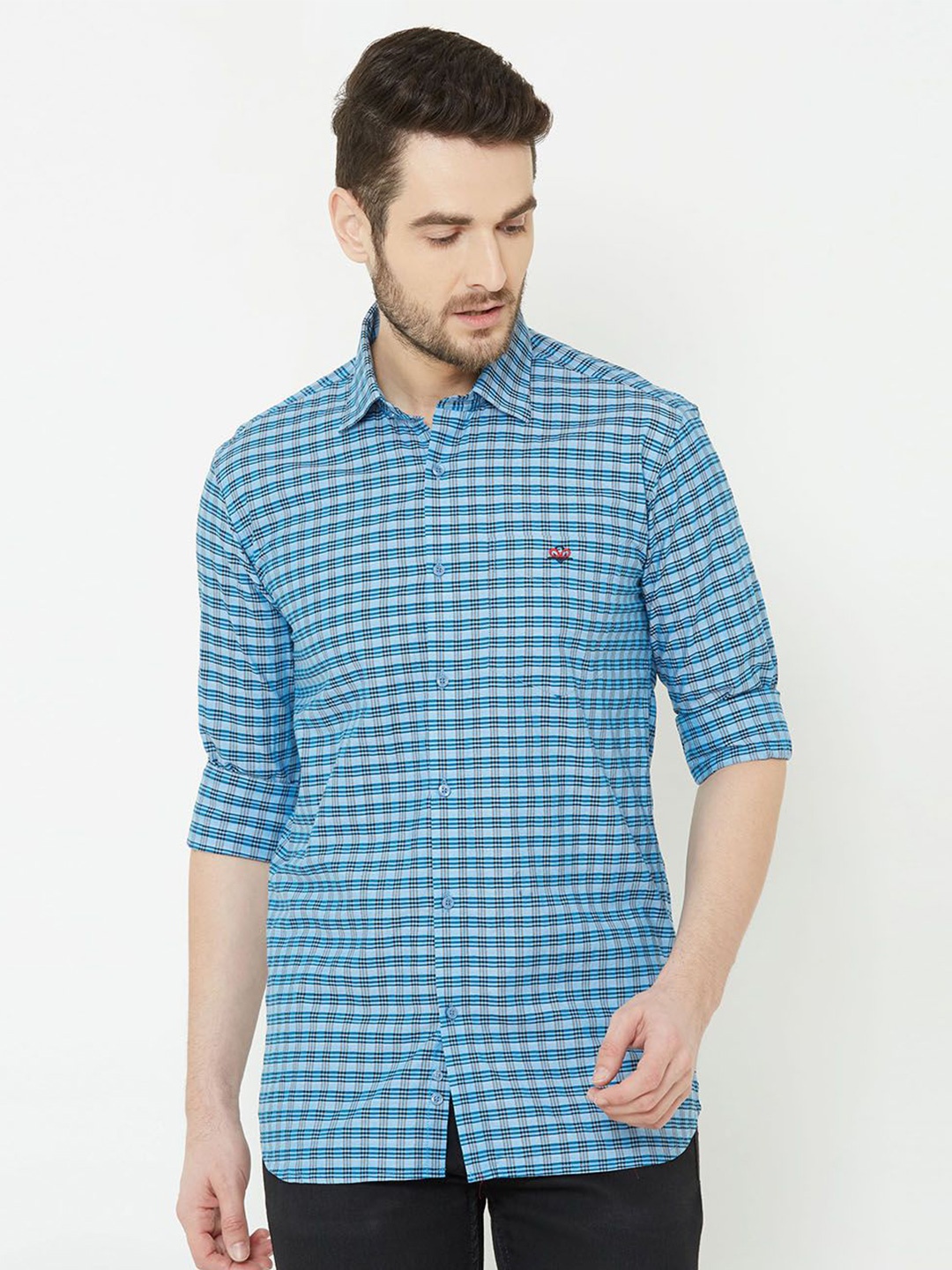 

TERAXO Men Comfort Spread Collar Checked Cotton Casual Shirt, Blue
