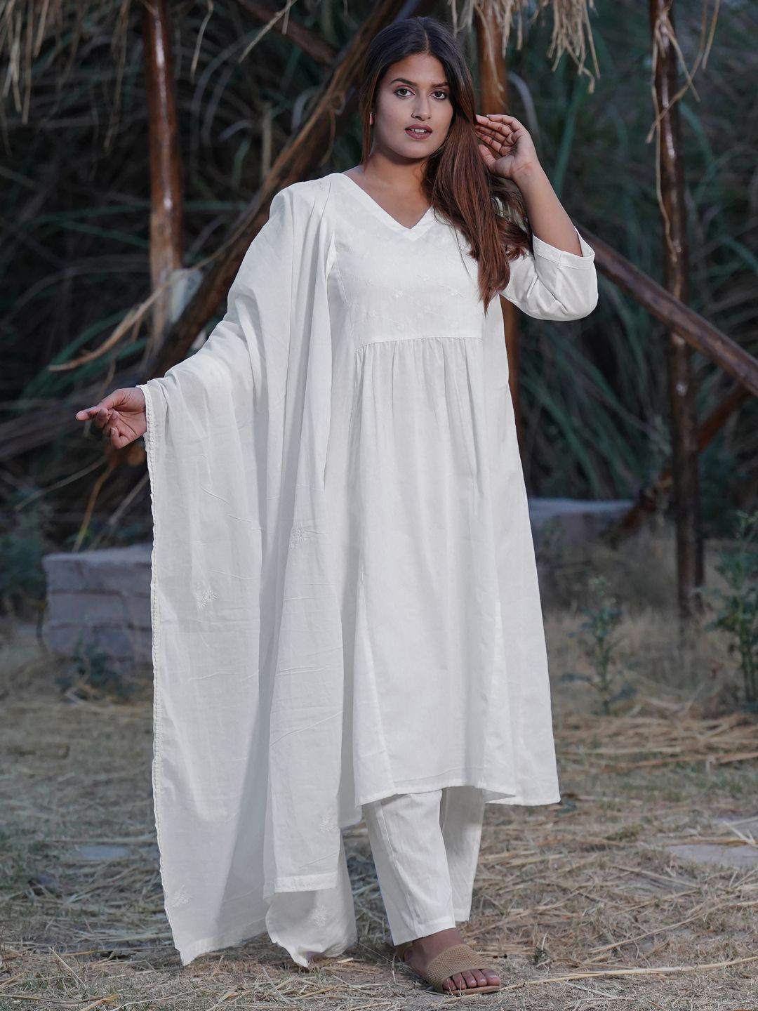 

zuri Ethnic Motifs Embroidered Pure Cotton A Line Kurta with Trousers & Dupatta, White