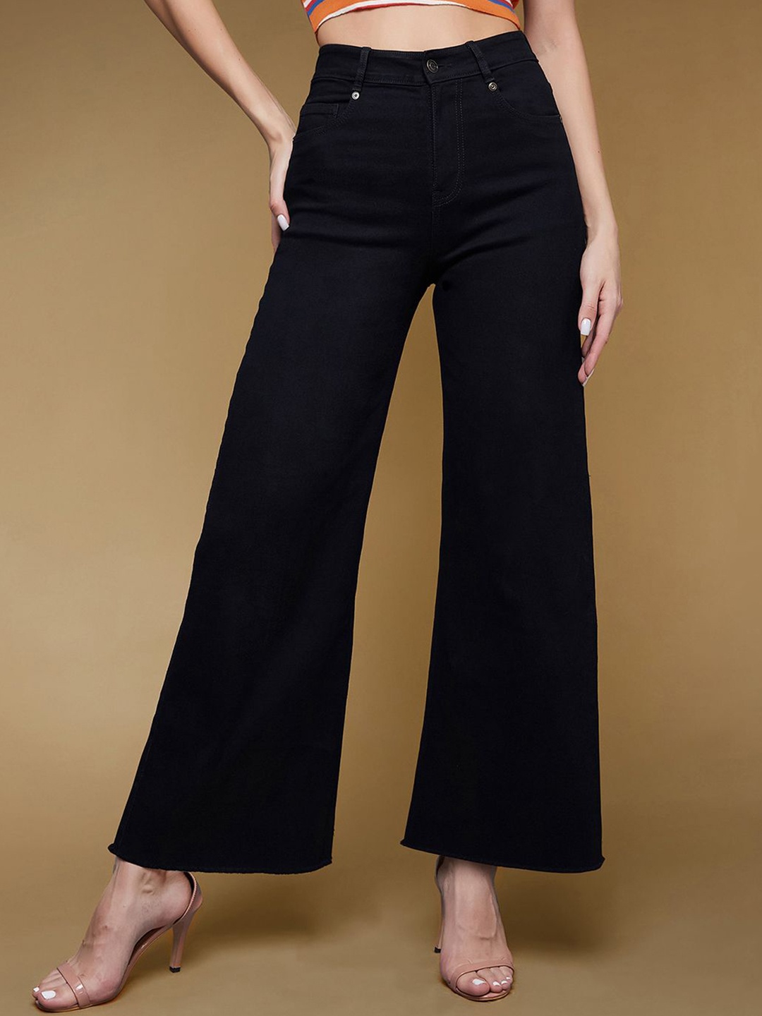 

Miss Chase Women Wide Leg High-Rise Stretchable Jeans, Black