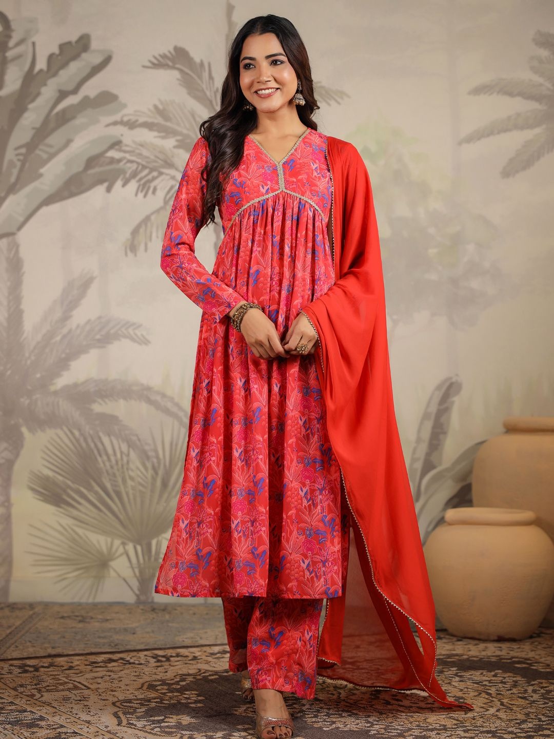 

Janasya Floral Printed Pleated Gotta Patti Kurta with Trouser & Dupatta, Red