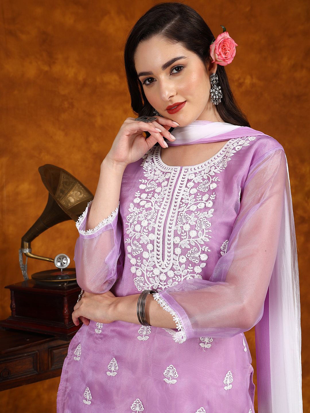 

Sangria Purple Floral Embroidered Round Neck Regular Organza Kurta & Patiala With Dupatta