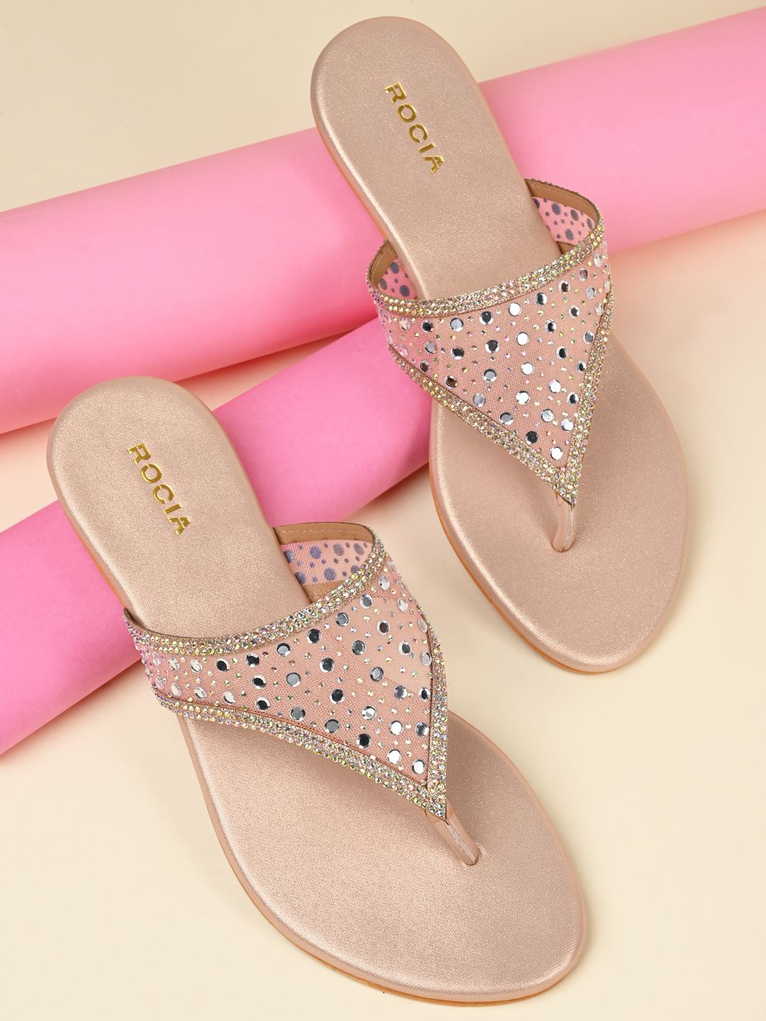 

Rocia Women Ethnic Block Embellished Sandals, Rose gold