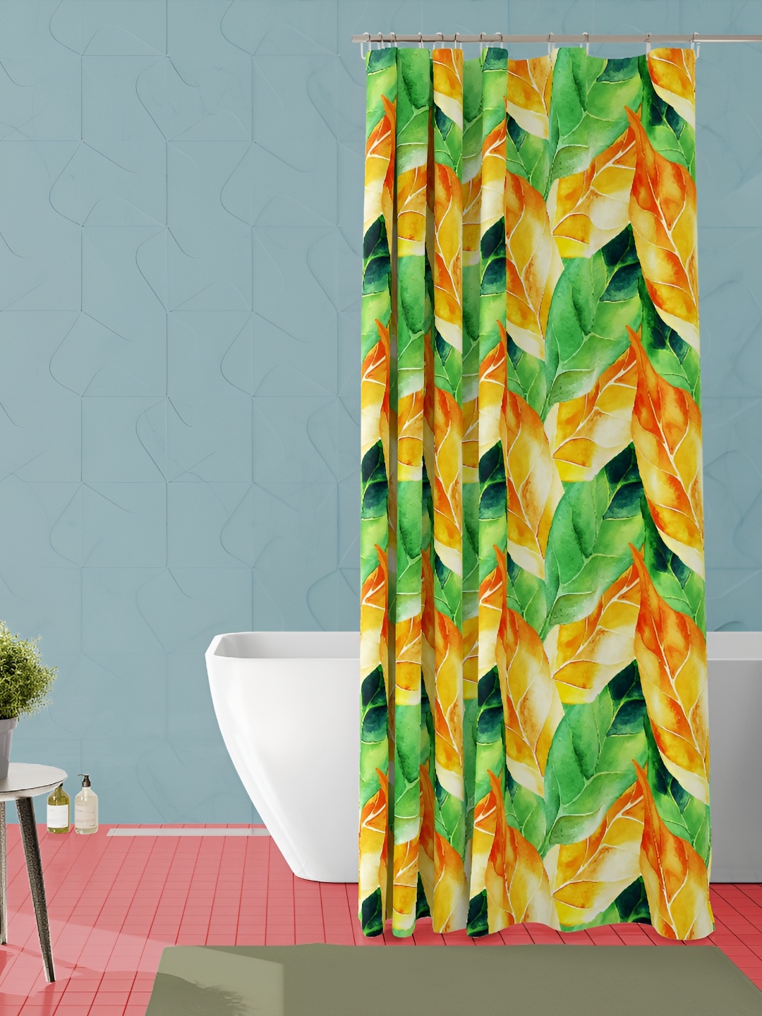 

ArtzFolio Orange Colored & Green Leaves Printed Waterproof Shower Curtain