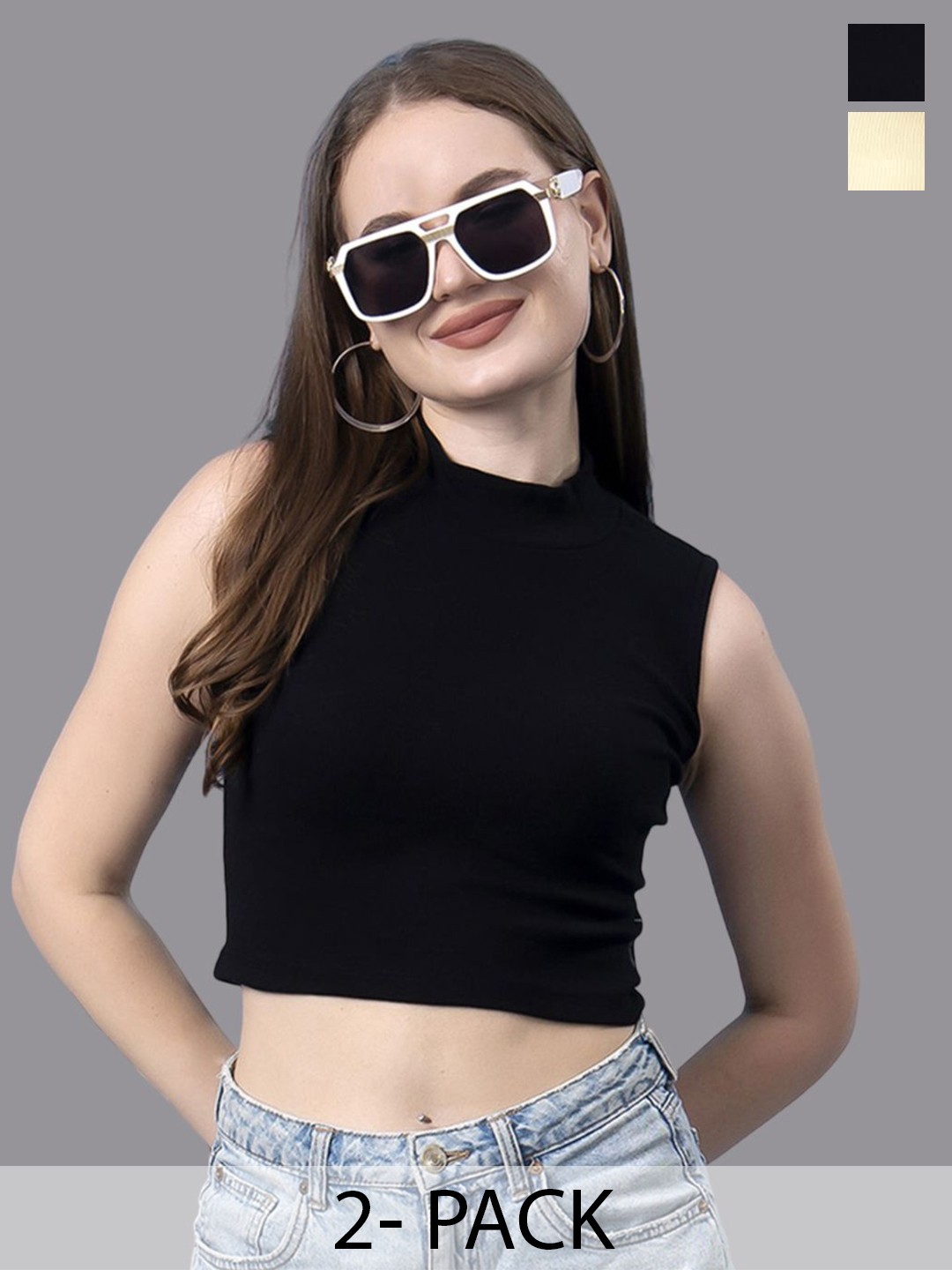 

Friskers Pack Of 2 Women Cotton Sleeveless High Neck Crop Top, Black