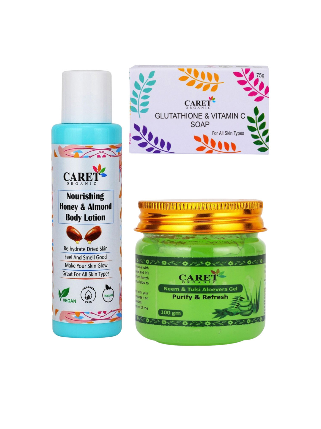 

CARET ORGANIC Set of 3 Almond Body Lotion, Aloevera Gel & Glutathione Vitamin C Soap, White