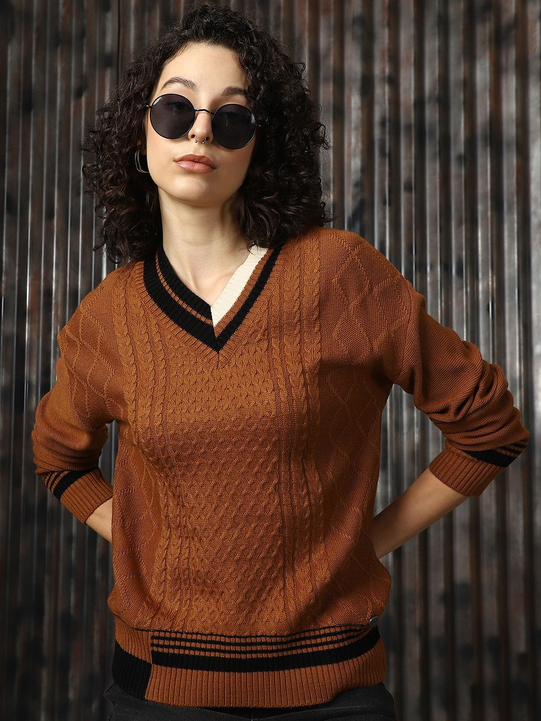 

High Star Women V-Neck Self Design Cable Knit Varsity Pullover, Brown