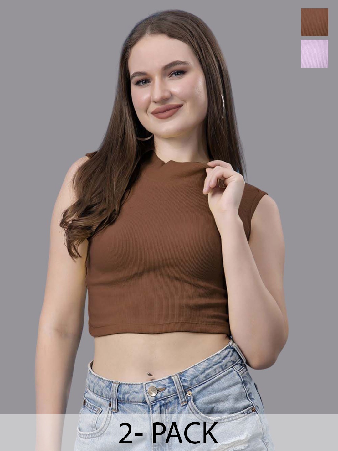 

Friskers Women Pack of 2 Cotton High Neck Sleeveless Crop Top, Purple