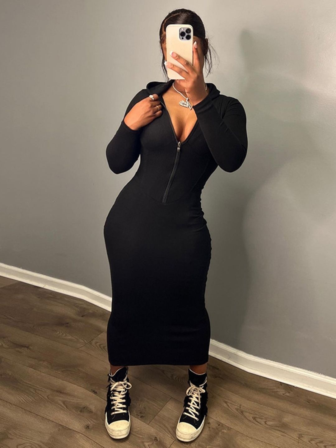 

KPOP Hood Long Sleeves Bodycon Midi Dress, Black