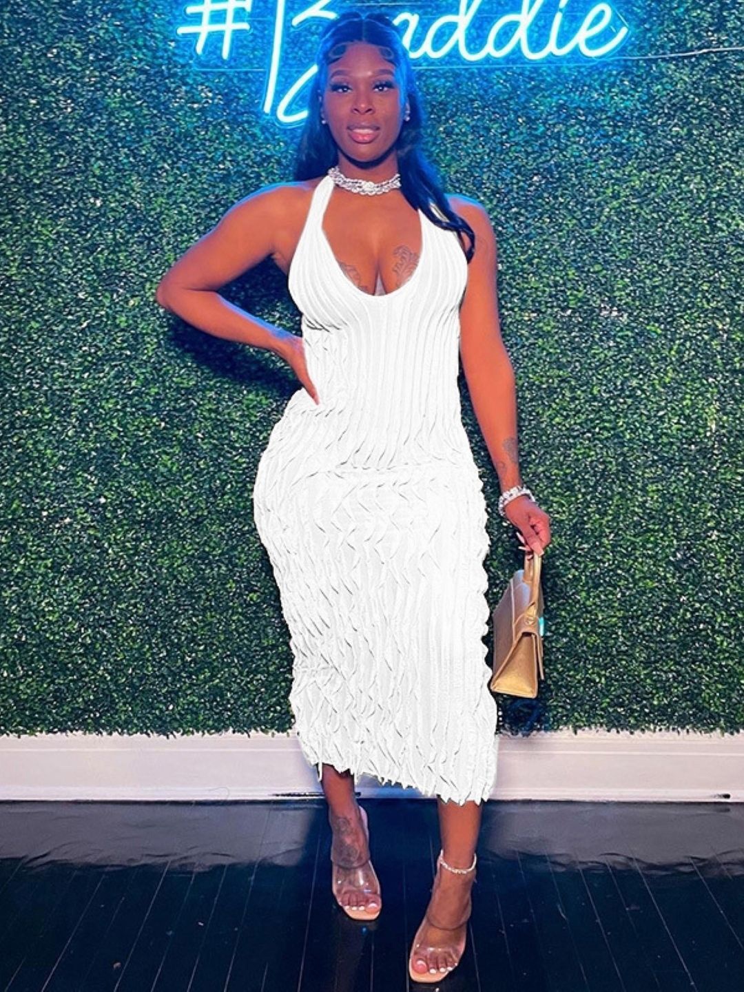 

KPOP Halter Neck Bodycon Midi Dress, White