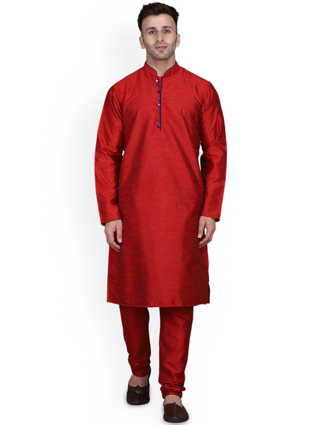 

REFULGENT Mandarin Collar Long Sleeves Straight Kurta with Pyjamas, Maroon