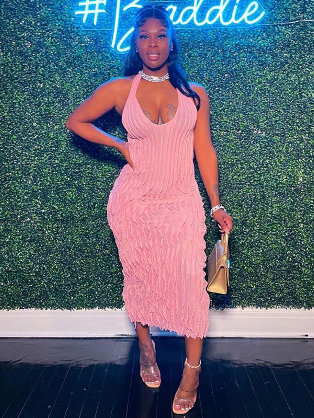 

KPOP Women Self Design Bodycon Midi Dress, Pink
