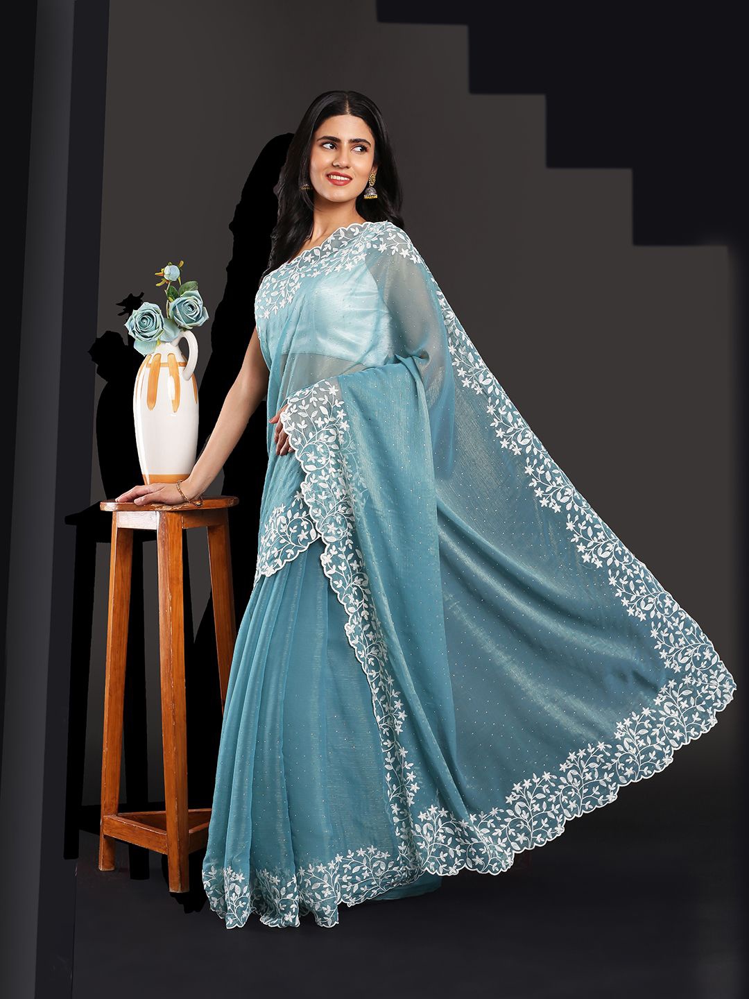 

Kalyan Silks Floral Embroidered Mukaish Organza Saree, Turquoise blue